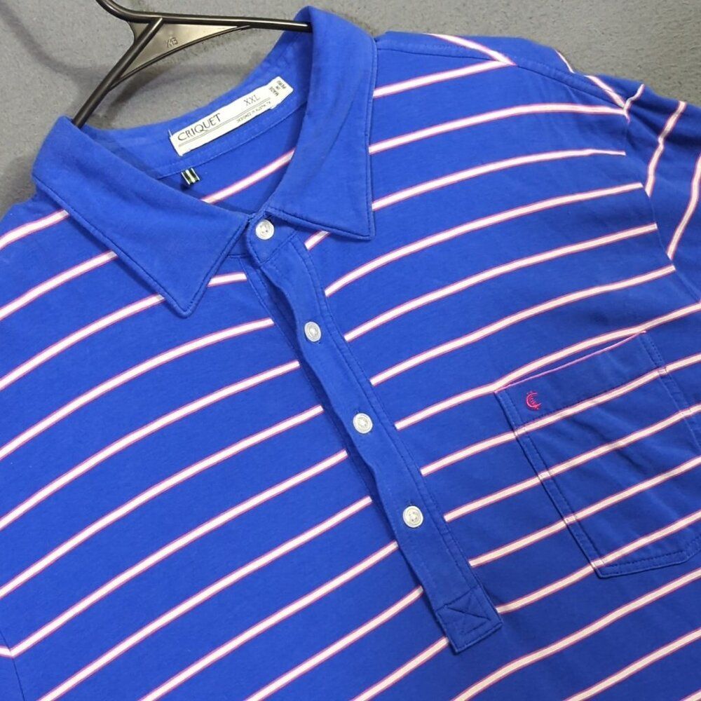 Criquet Polo Shirt Men's XXL Blue Striped Pima Cotton Short Sleeve Pocket